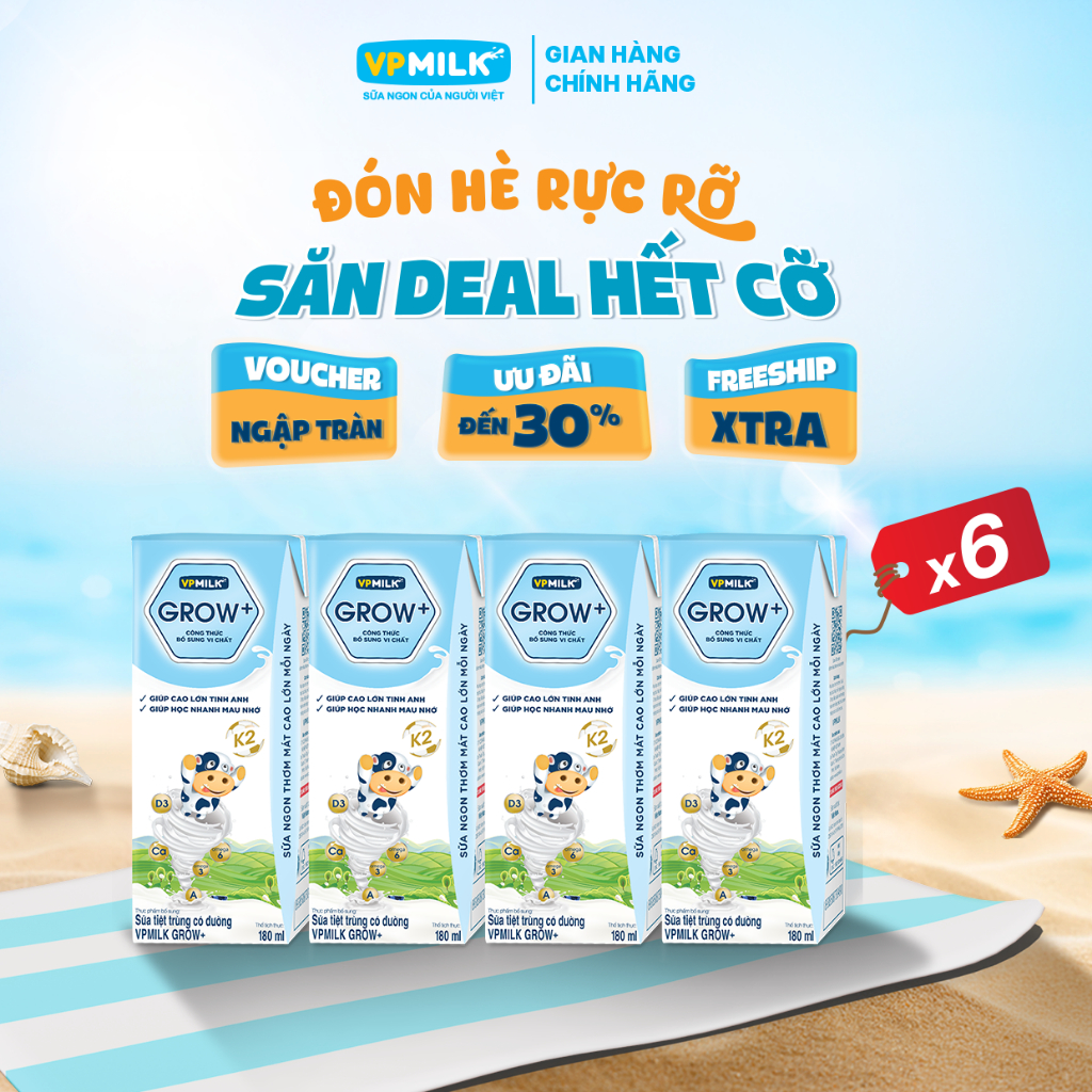 [6 Lốc 180ml] Sữa Tiệt Trùng VPMilk Grow+ Có Đường