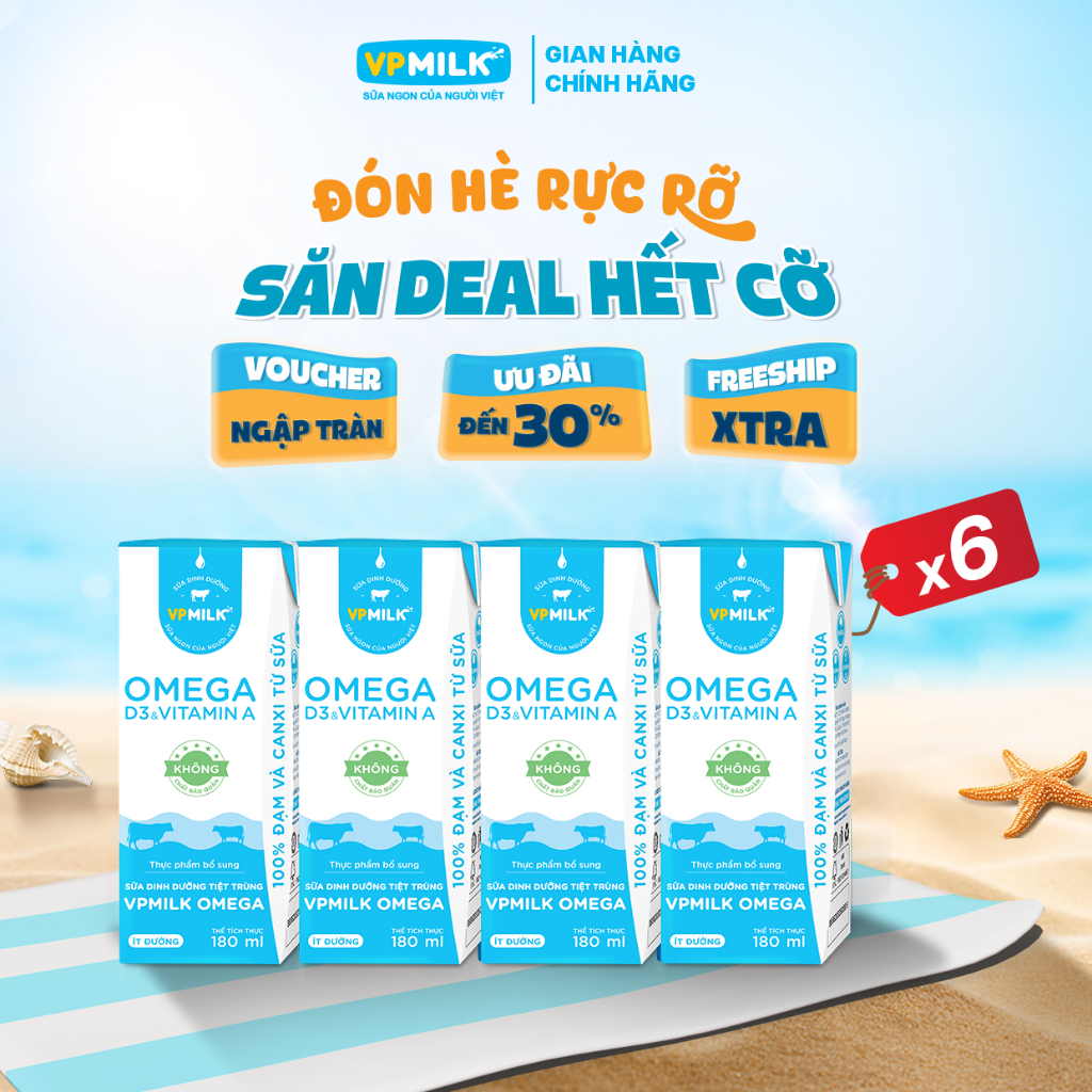 [6 Lốc 180ml] Sữa Dinh Dưỡng Tiệt Trùng VPMilk Omega ÍT ĐƯỜNG dạng Hộp (4 hộp x 6)