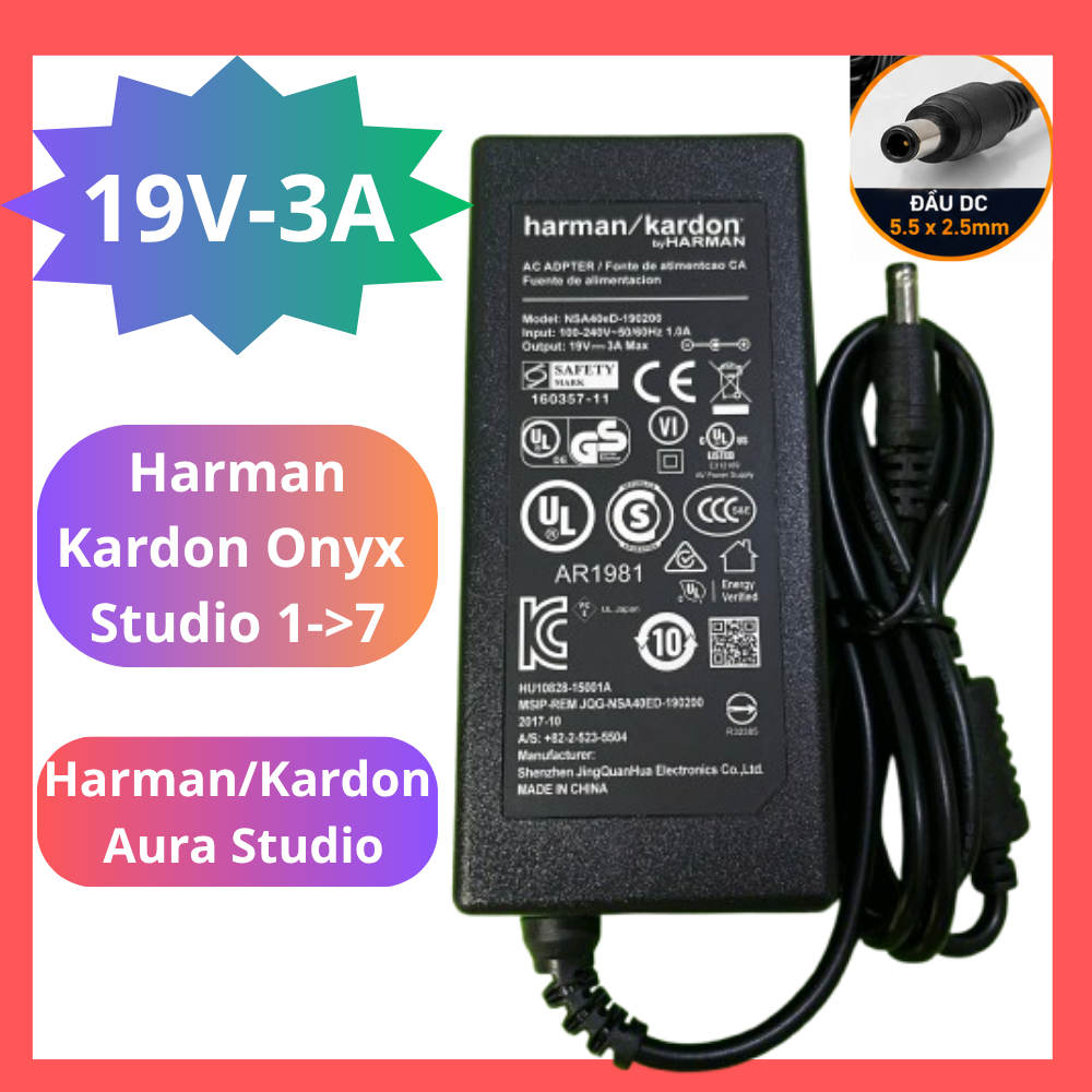 Adapter Sạc Loa Harman Kardon 19V-3A, Jack 5.5x2.1mm, cho dòng Onyx Studio 1 ->7, Aura Studio.