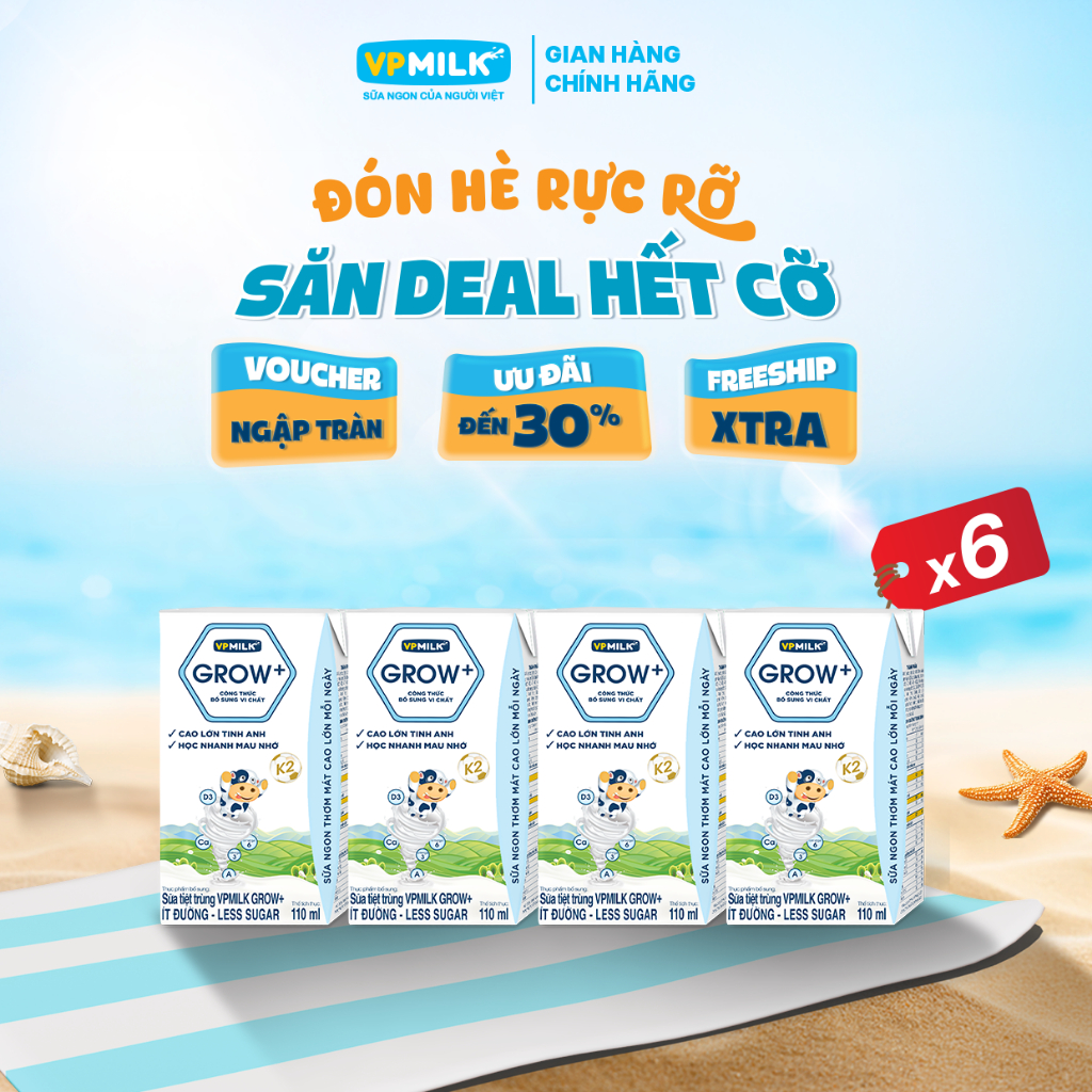 [6 Lốc 110ml] Sữa Tiệt Trùng VPMilk Grow+ Ít Đường