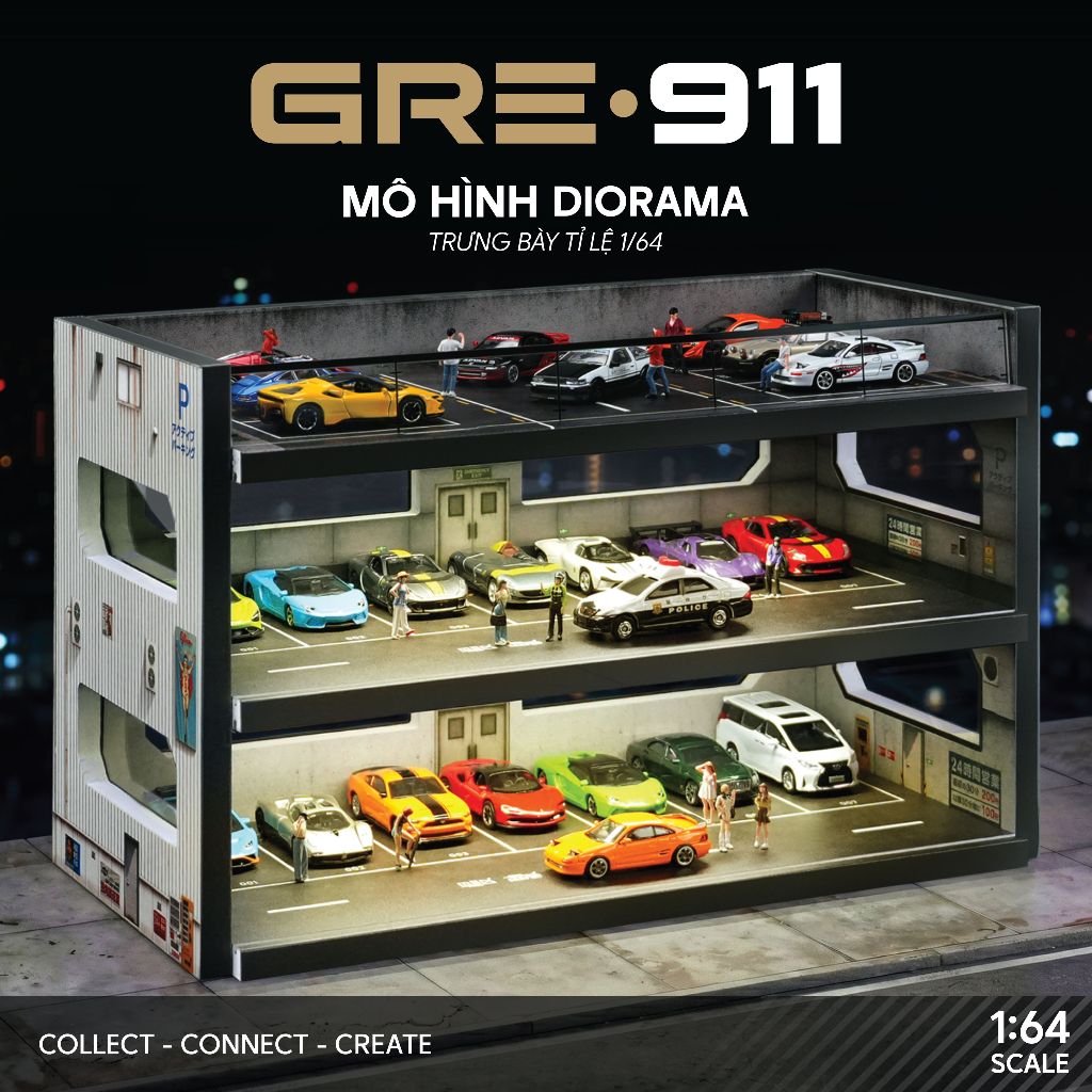 Diorama Garage 3 Tầng Có Đèn LED 1:64 GRE911LED-50 | Parking Garage Trưng Bày Xe Mô Hình