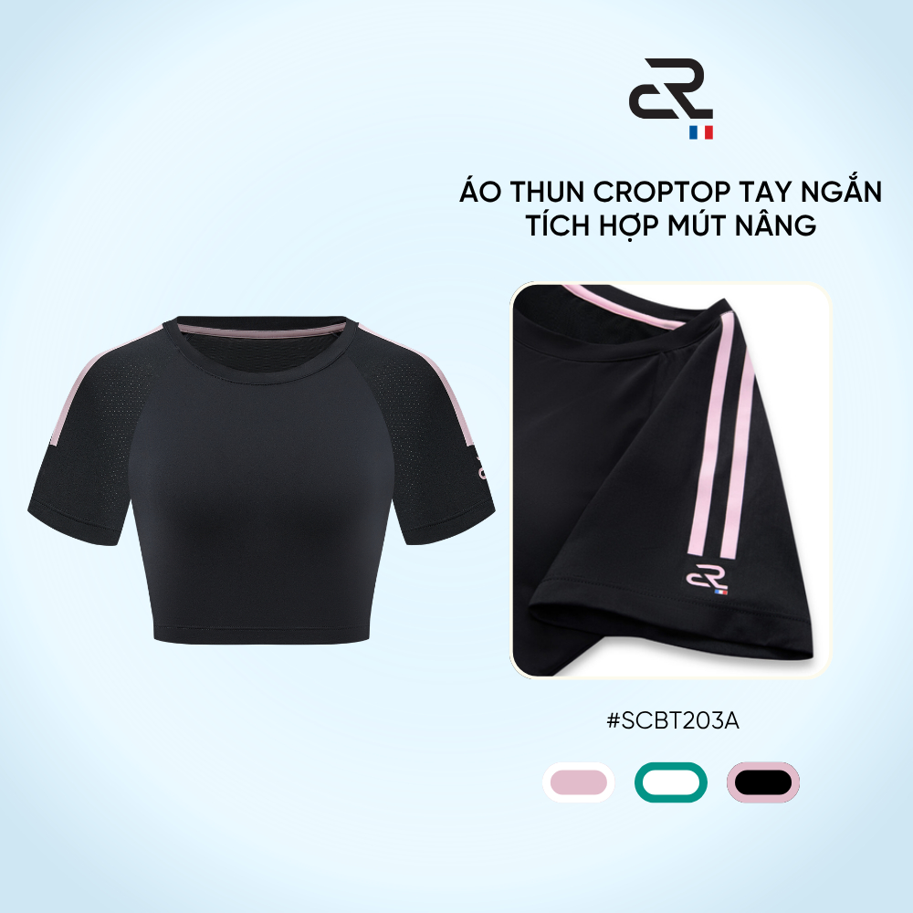 Áo croptop thể thao nữ tay ngắn có mút tích hợp, vải ASKIN làm mát thoát ẩm tập Gym Yoga Pickleball 