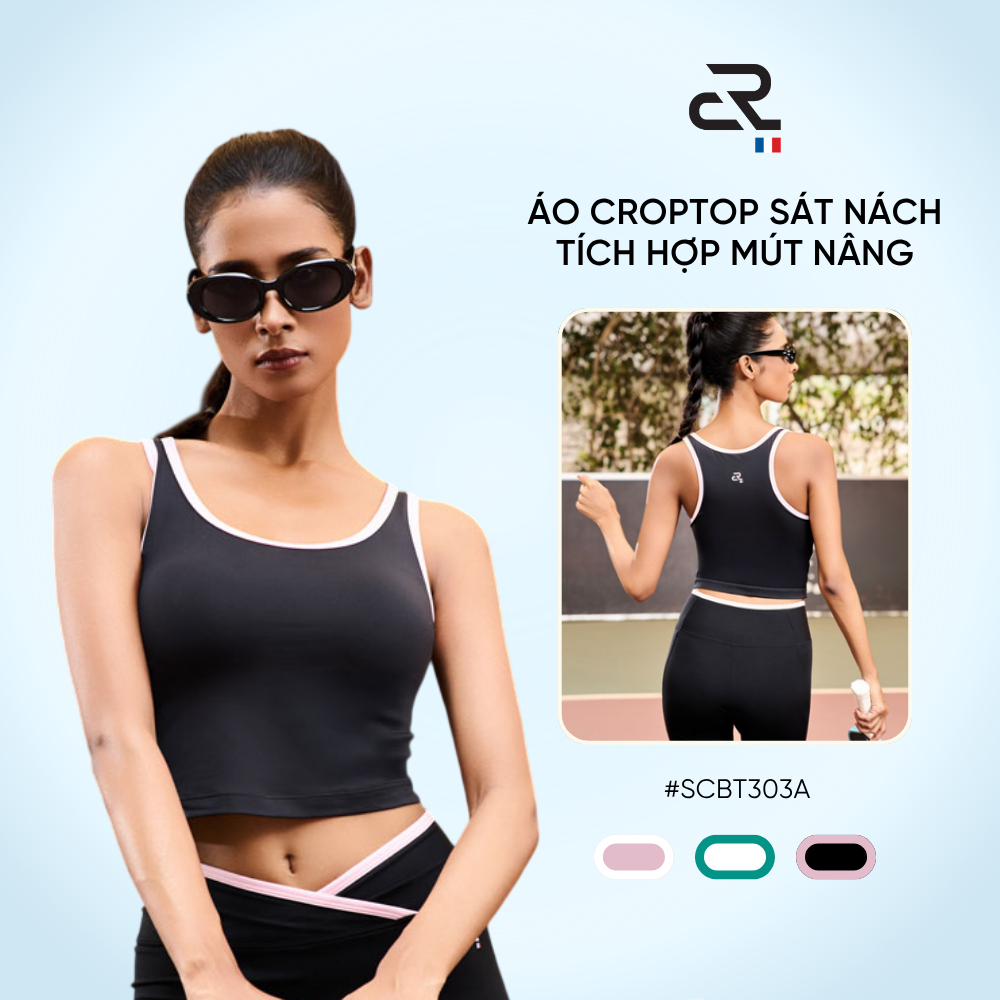 Áo bra thể thao nữ dáng croptop cổ vuông có mút, vải ASKIN làm mát thoát ẩm tập Pickleball Yoga | CO