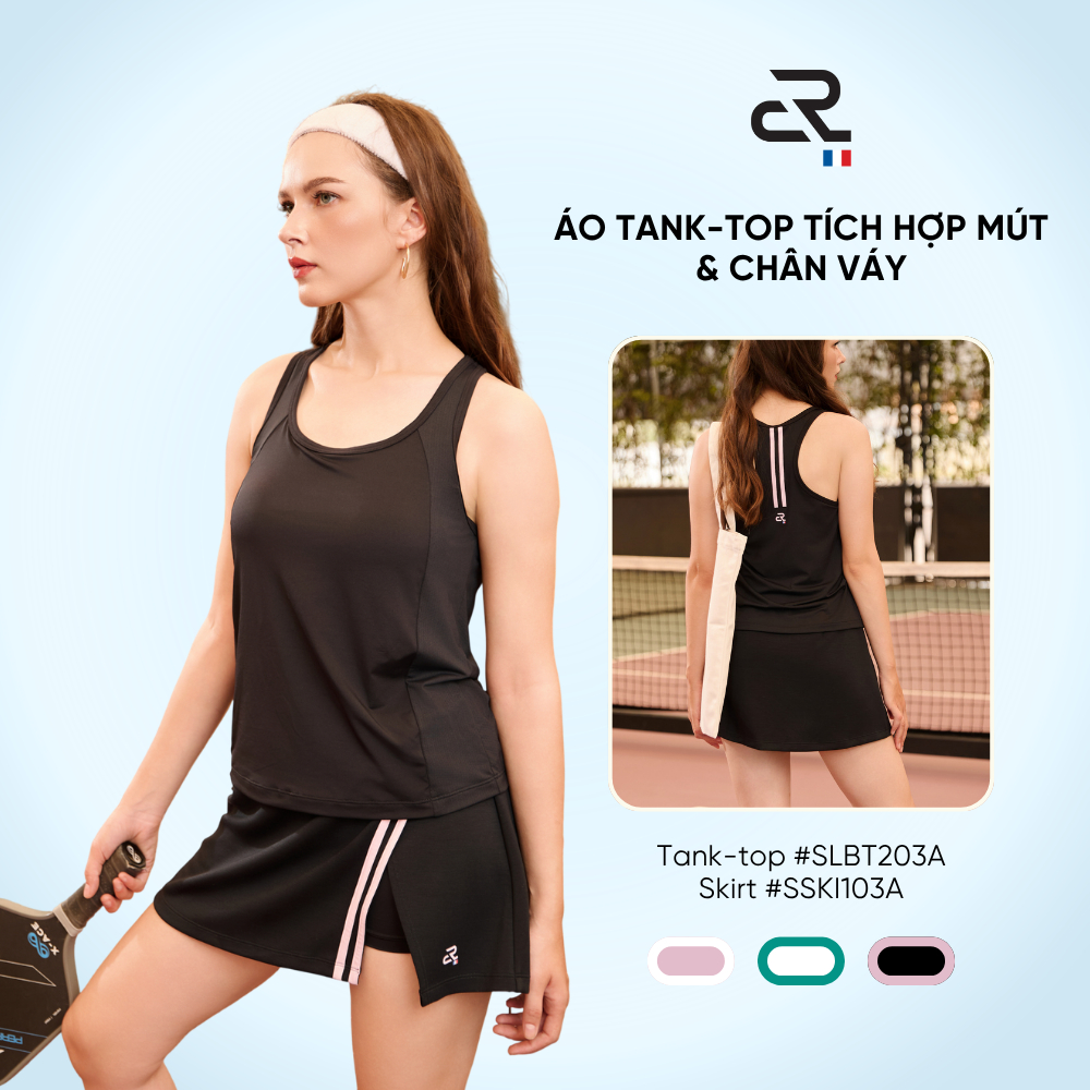 Set đồ thể thao nữ áo tanktop có mút, chân váy kèm quần bảo hộ vải ASKIN thoáng khí tập Pickleball T
