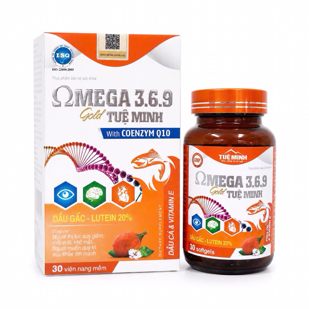 Omega 3 6 9 Gold Tuệ Minh Coenzym Q10 Dầu Gấc Lutein 20% Hỗ Trợ Sức Khỏe Mắt Tim Mạch Hộp 30 Viên