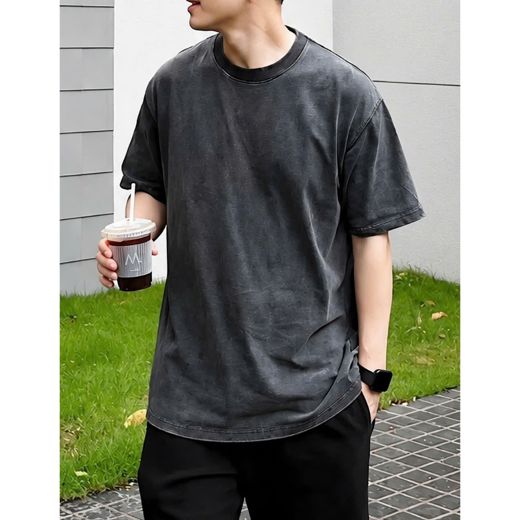 Áo thun wash trơn form rộng tay lỡ - unisex mẫu trơn không in màu wash xám