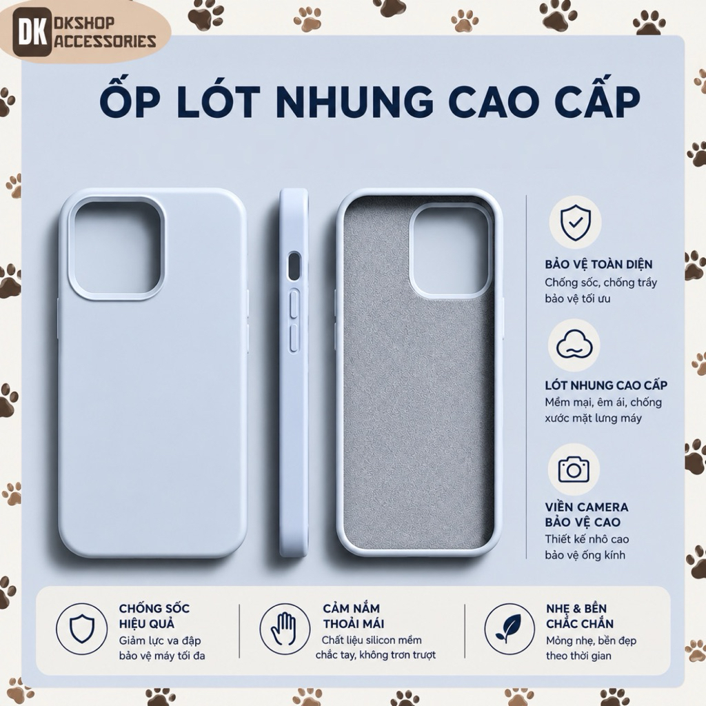 ỐP ĐIỆN THOẠI SILICONE LÓT NHUNG CAO CẤP – MỀM MỎNG, CHỐNG TRƠN, BẢO VỆ CAMERA | DKSHOP