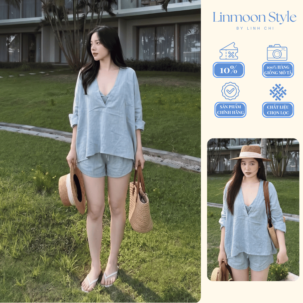 Set Đồ Đi Biển Nữ 3 Món Áo Khoác Mỏng Mix Áo 2 Dây CÓ MÚT NGỰC Phối Quần Short – Set Bikini Kín Đáo Đi Biển Sang Chảnh