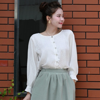 Áo sơ mi lụa mềm  cổ tròn công sở nữ Mepi. Áo lụa tơ tay dài gài nút