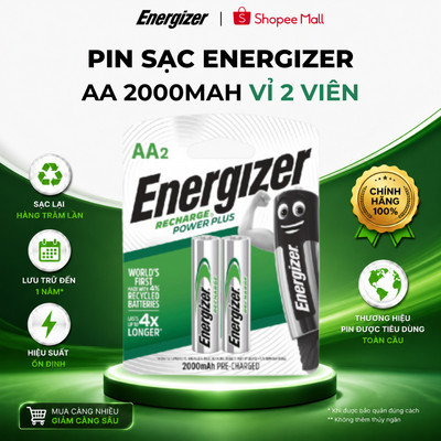Pin sạc Energizer AA 2000mAh NH15 PP RP2  - vỉ 2 viên - Hàng chính hãng