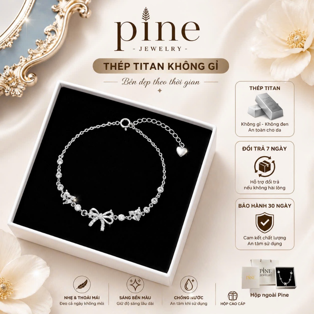 [QUÀ TẶNG] LẮC TAY NỮ ĐÍNH ĐÁ CHARM NƠ, MẠ BẠC,CAO CẤP CHUẨN TITANIUM_PINE(Full Box+Hộp)