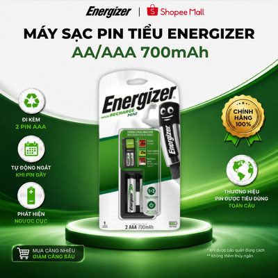 MÁY SẠC PIN ENERGIZER CH2PC4 MINI -Có 2 cổng sạc AA-AAA, kèm 2 viên pin sạc AAA 700mAh - Bảo hành 7 ngày, 1 đổi 1