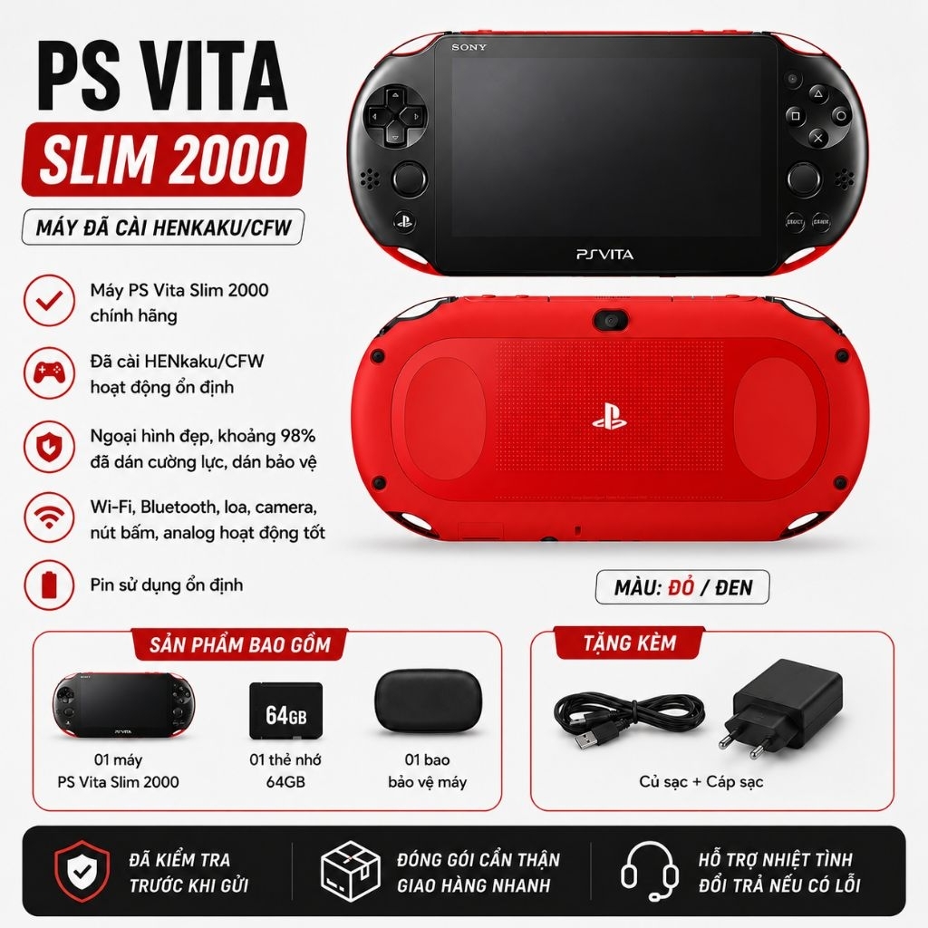 PS Vita Slim 2000 Màu Black Red | Máy H@cK | Đã Cài HENkaku | Dán cường lực + Kèm bao bảo vệ