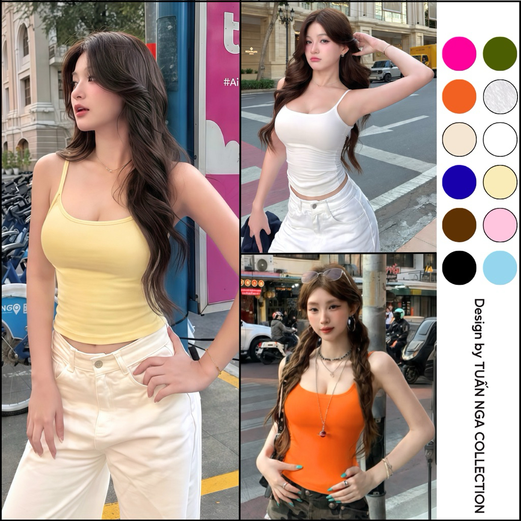 Áo hai dây form dáng dài CÓ MÚT NGỰC TUẤN NGA COLLECTION ôm body, vải borip cotton co dãn mềm mại