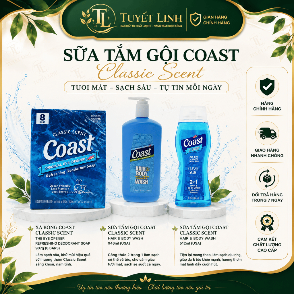Dầu Tắm Gội , Xà Bông Coast Classic Scent Hair & Body Wash (USA)