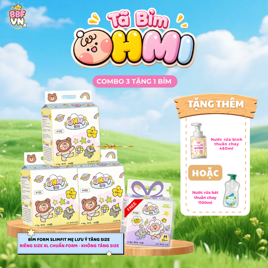 Combo 3 Tặng 1 Bịch Bỉm OHMI Hàn Quốc - Khô Thoáng, Siêu Thấm Hút - Tã Bỉm Dán/Quần Đủ Size Từ Sơ Si