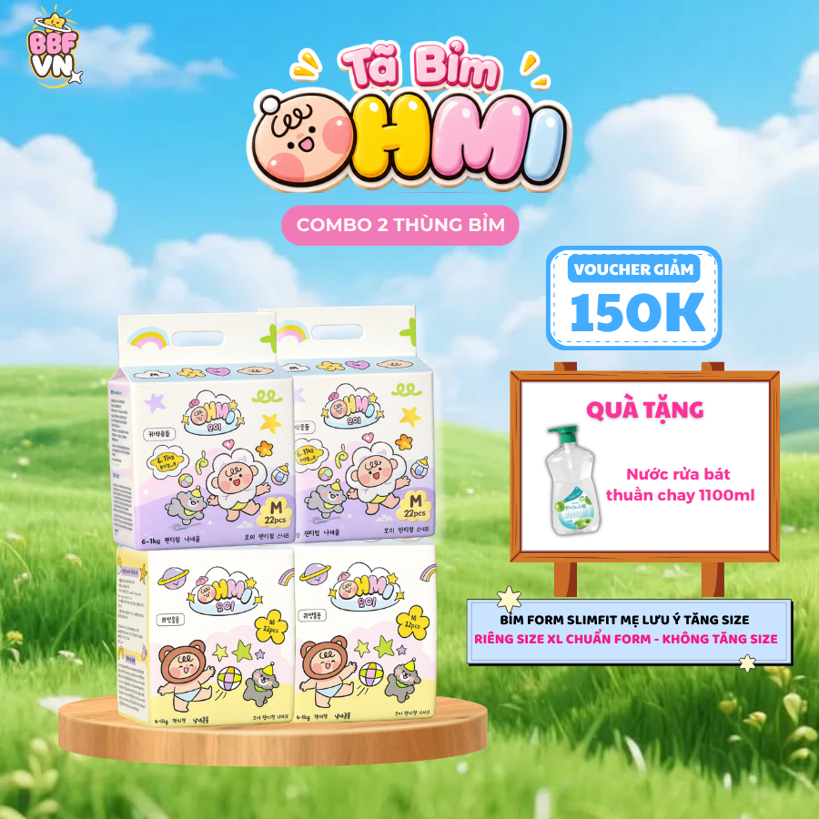COMBO 2 Thùng Bỉm OHMI Hàn Quốc Siêu Mềm Mịn, Thấm Hút, Khô Thoáng 12H Cho Bé Size NB Tới XXL