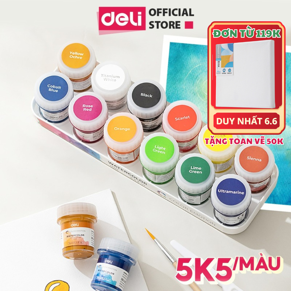 [TẶNG CỌ+TÁN+TOAN VẼ] Bộ Màu Nước Hũ 15ml CHÍNH HÃNG DELI tô màu vẽ tranh custom màu tươi sáng che p