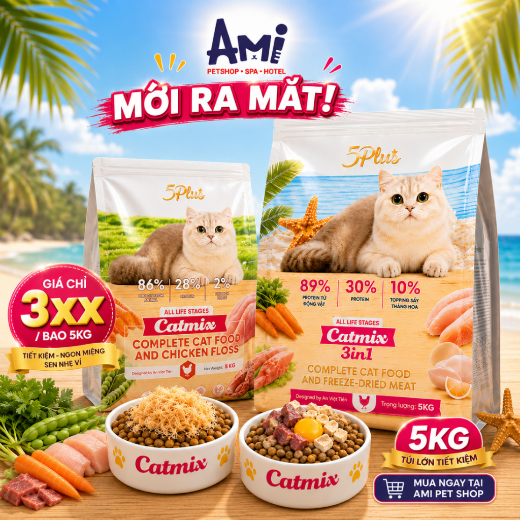 [Bao 5kg] Hạt Catmix 5Plus mix ruốc gà và Catmix 3in1 topping siêu chất lượng cho Mèo