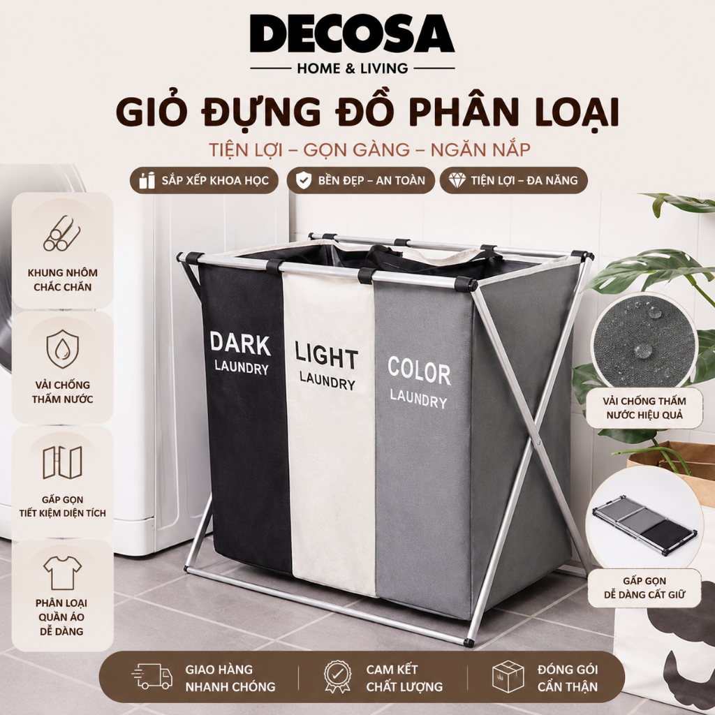 Giỏ đựng quần áo giặt nhiều ngăn phân loại quần áo DECOSA