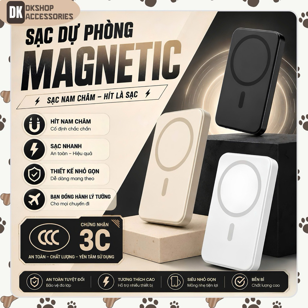 Sạc Dự Phòng Không Dây 10000mAh Hít Nam Châm, Sạc Nhanh, Chân Gập – DKshop