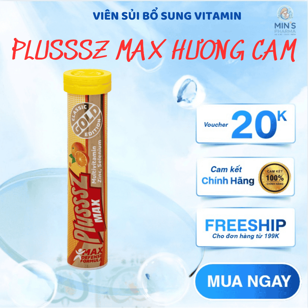 Viên sủi bổ sung vitamin và khoáng chất Plusssz Max Multivitamin orange flavoured (20 viên) - Min Ph