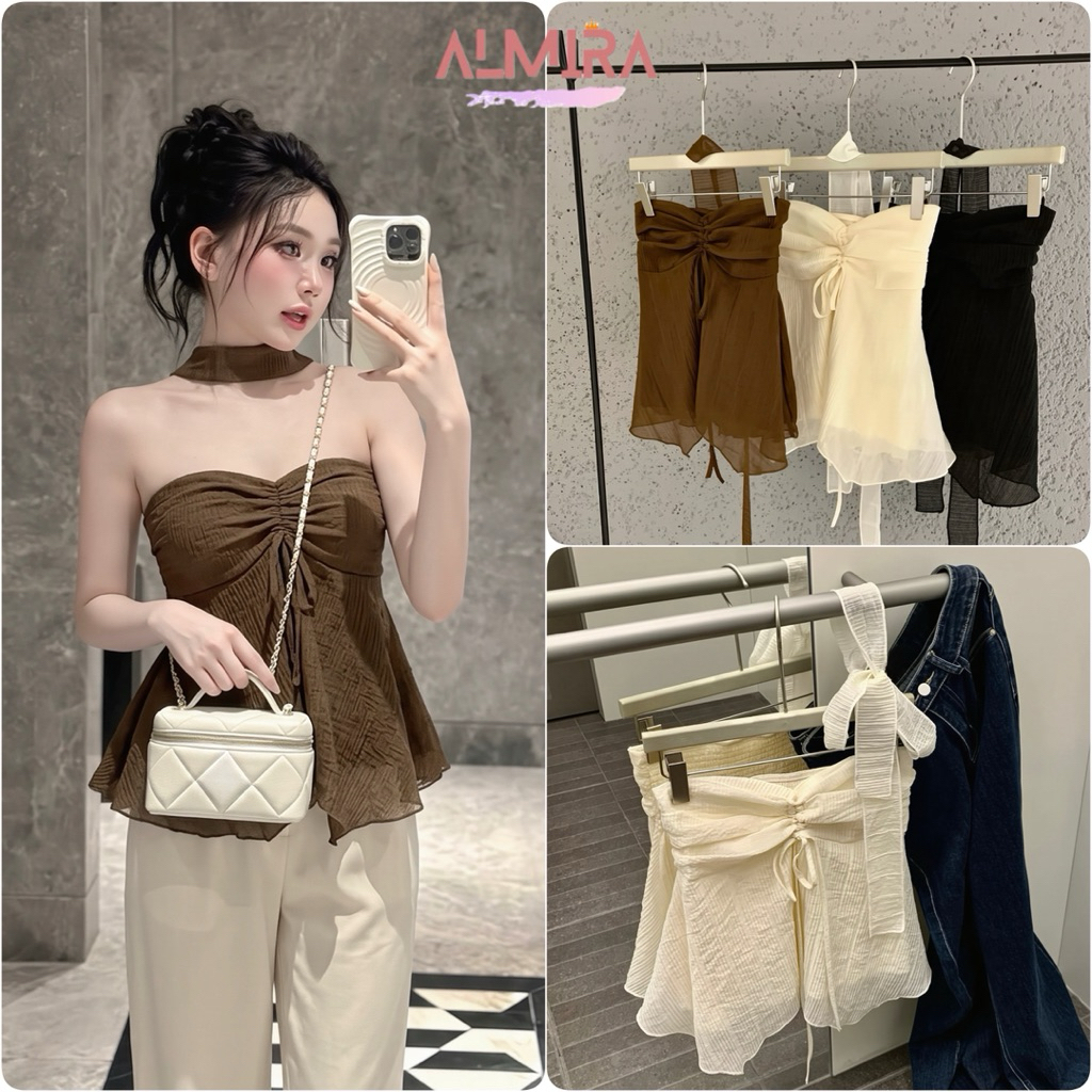 Áo Cúp Nguc Rúm Trước Dây Cổ Rời Chất Tơ Nhăn Xinh Almira Store