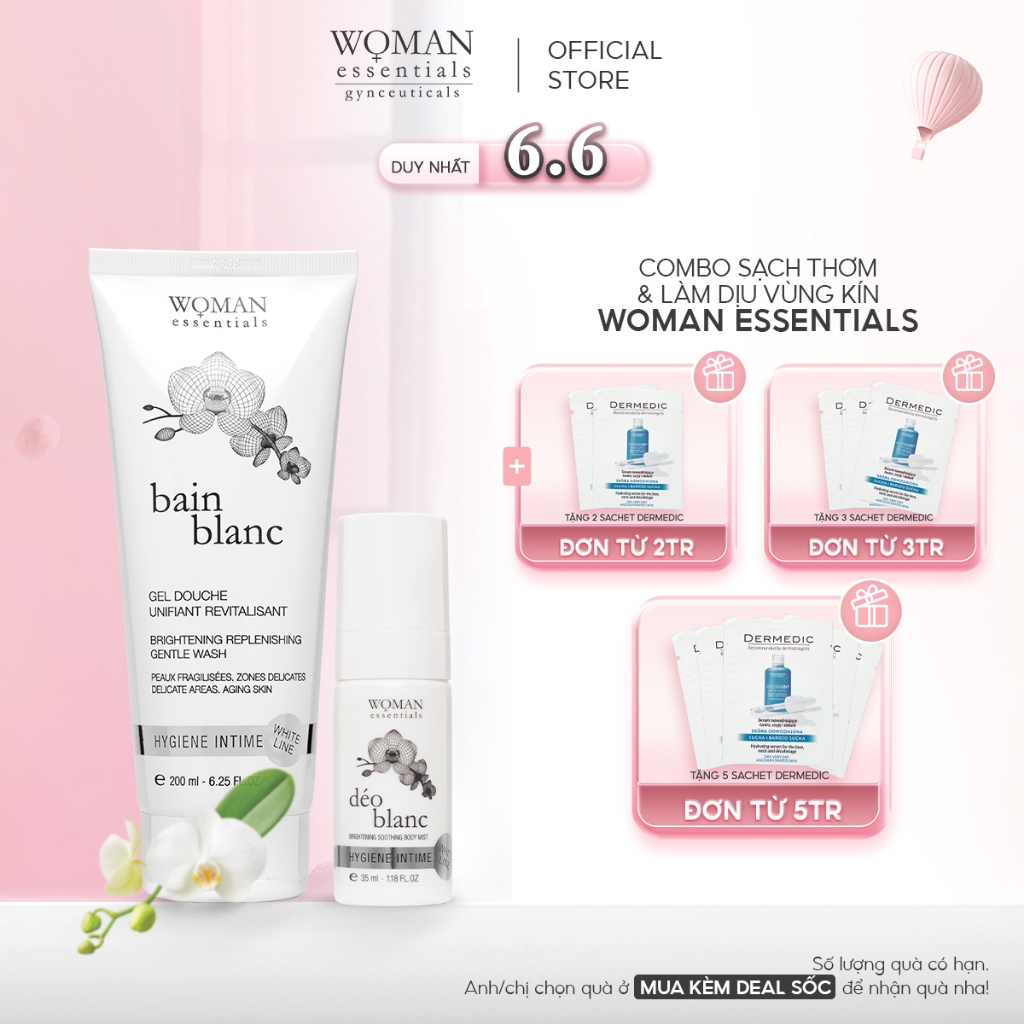 [ Combo 2 Chai ] Woman Essentials Gel Vệ Sinh Bain Blanc 200ml & Xịt Khử Mùi Déo Blanc 35ml - Chăm S