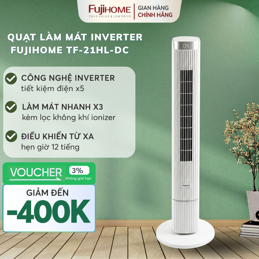 Quạt tháp không cánh TF-21HL/DC Nhập Khẩu FUJIHOME lọc không khí, quạt cây tiết kiệm điện Inverter
