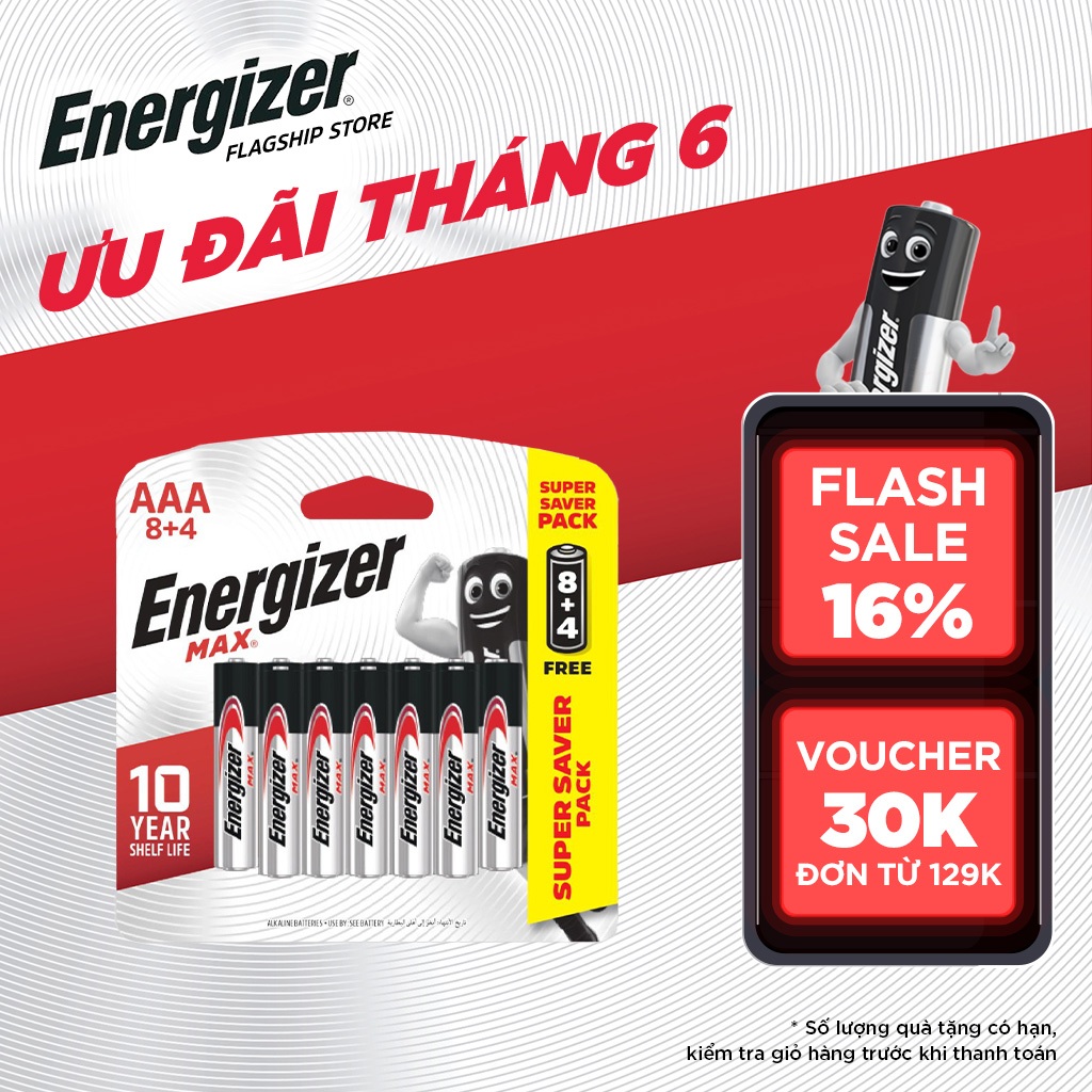 Pin AAA Energizer Max E92 BP8+4 - Vỉ 8 Tặng 4