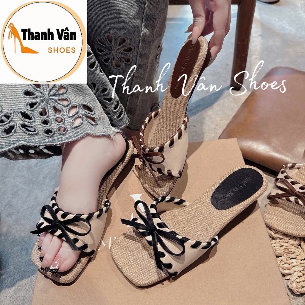 (G0327)Cao gót nữ mũi vuông 3 phân quai thắt nơ , cao gót 3 phân_Thanh Vân Shoes