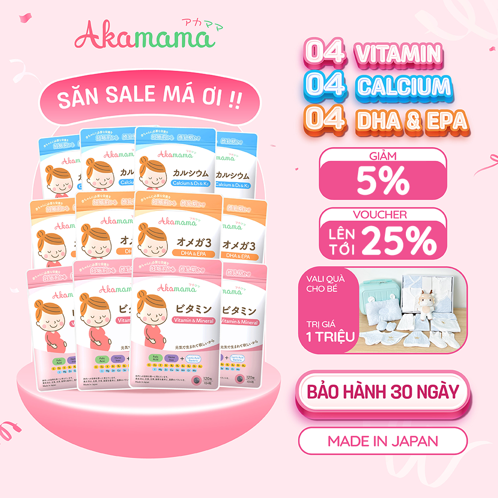 [QUÀ 1 Triệu] COMBO 4 VITAMIN + 4 DHA + 4 CANXI cho bà bầu Akamama, Nhật Bản