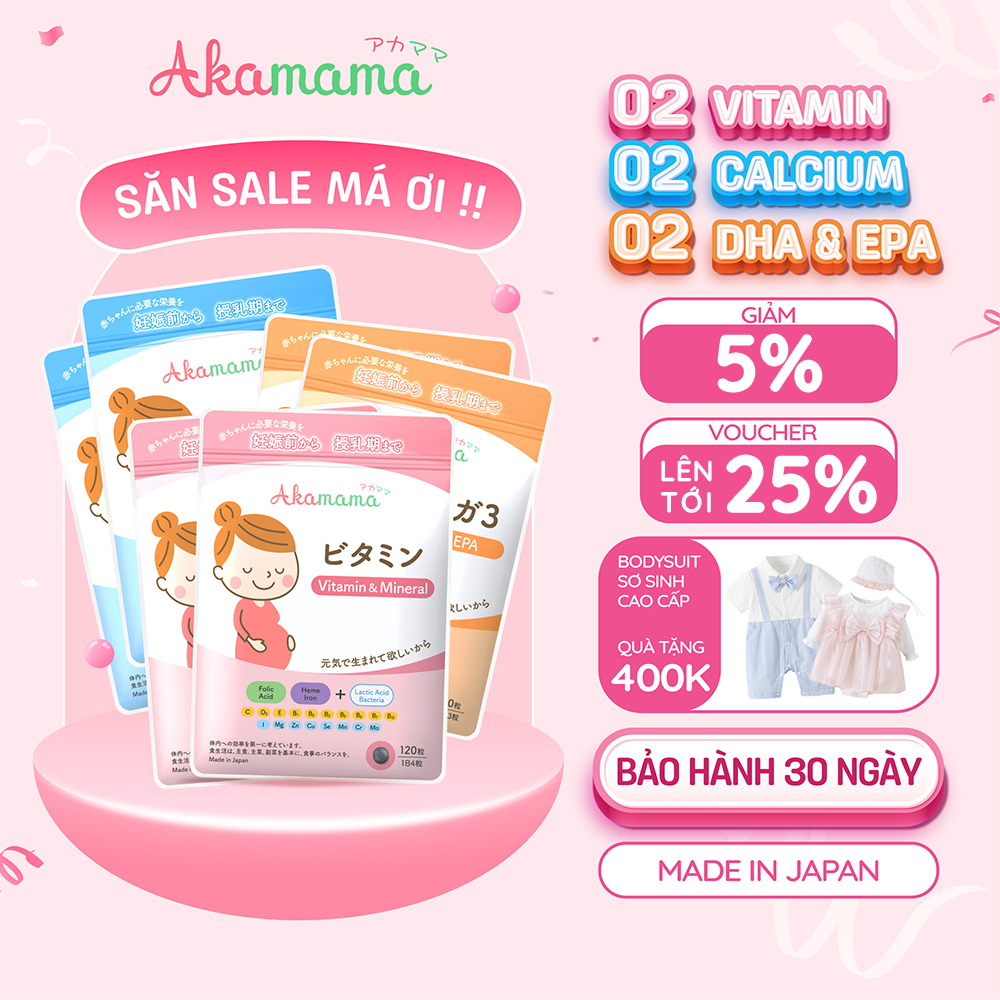 [QUÀ 400K] COMBO 2 VITAMIN + 2 DHA + 2 CANXI cho bà bầu Akamama, Nhật Bản