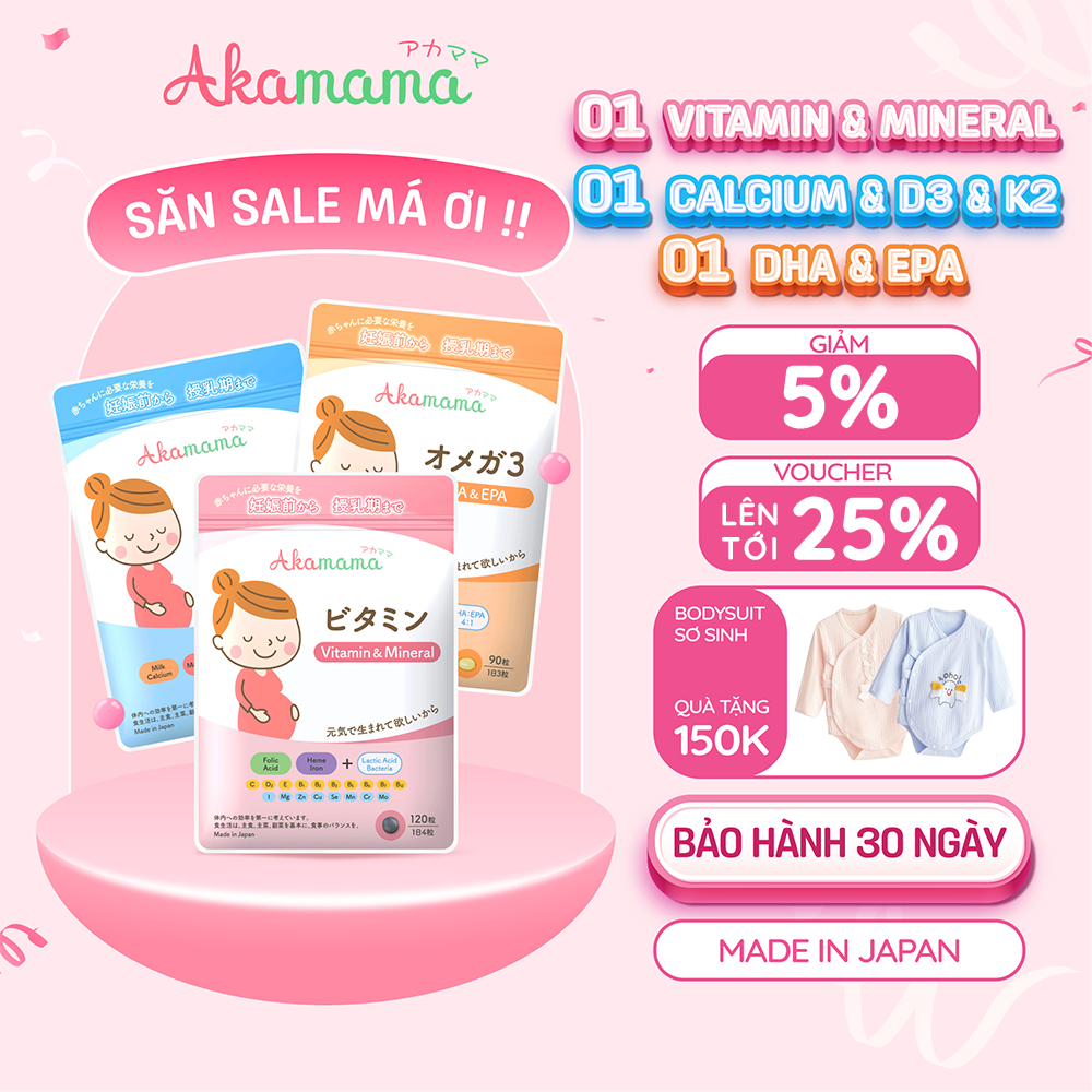 [QUÀ 150K] COMBO 1 SẮT & VITAMIN + 1 DHA + 1 CANXI cho bà bầu Akamama, Nhật Bản