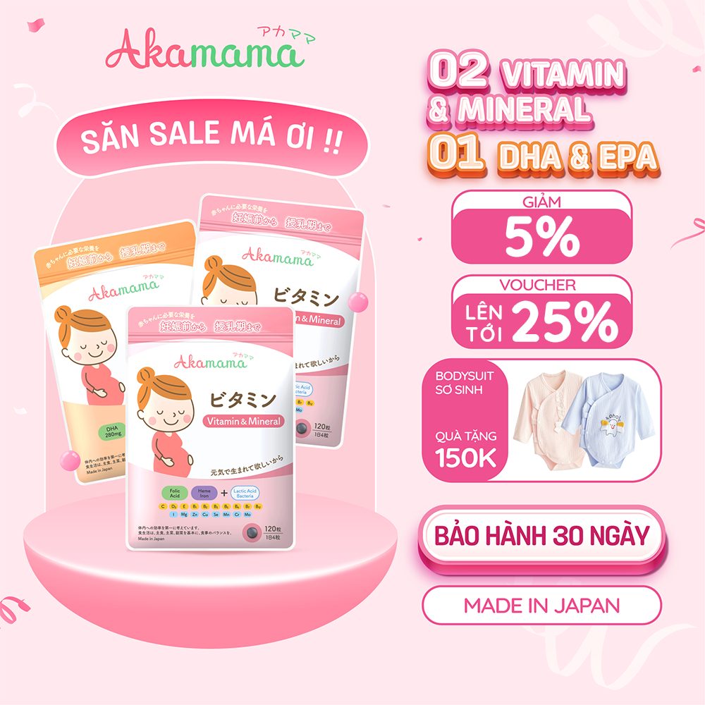 [QUÀ 150K] COMBO 2 SẮT & VITAMIN + 1 DHA cho bà bầu Akamama, Nhật Bản