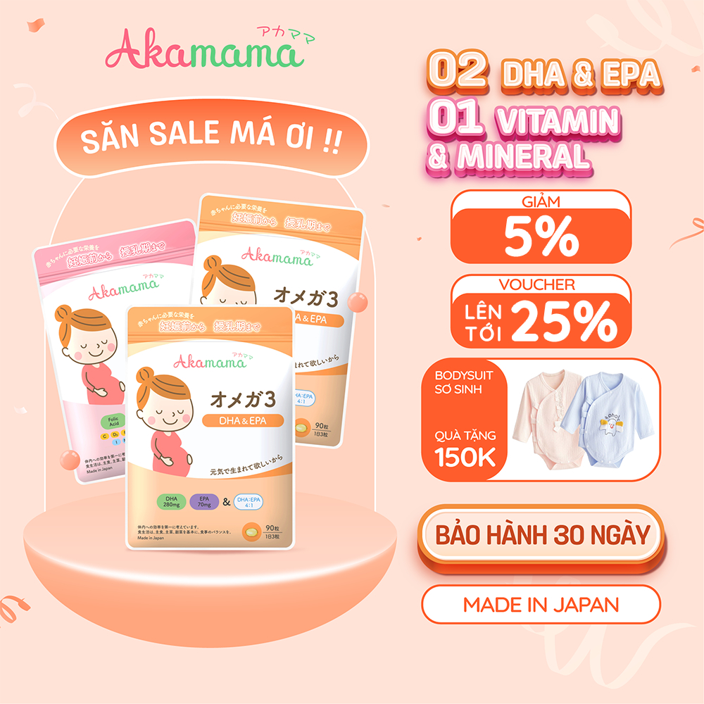 [QUÀ 150K] Combo 2 DHA + 1 Sắt & Vitamin Tổng Hợp cho bà bầu Akamama, Nhật Bản