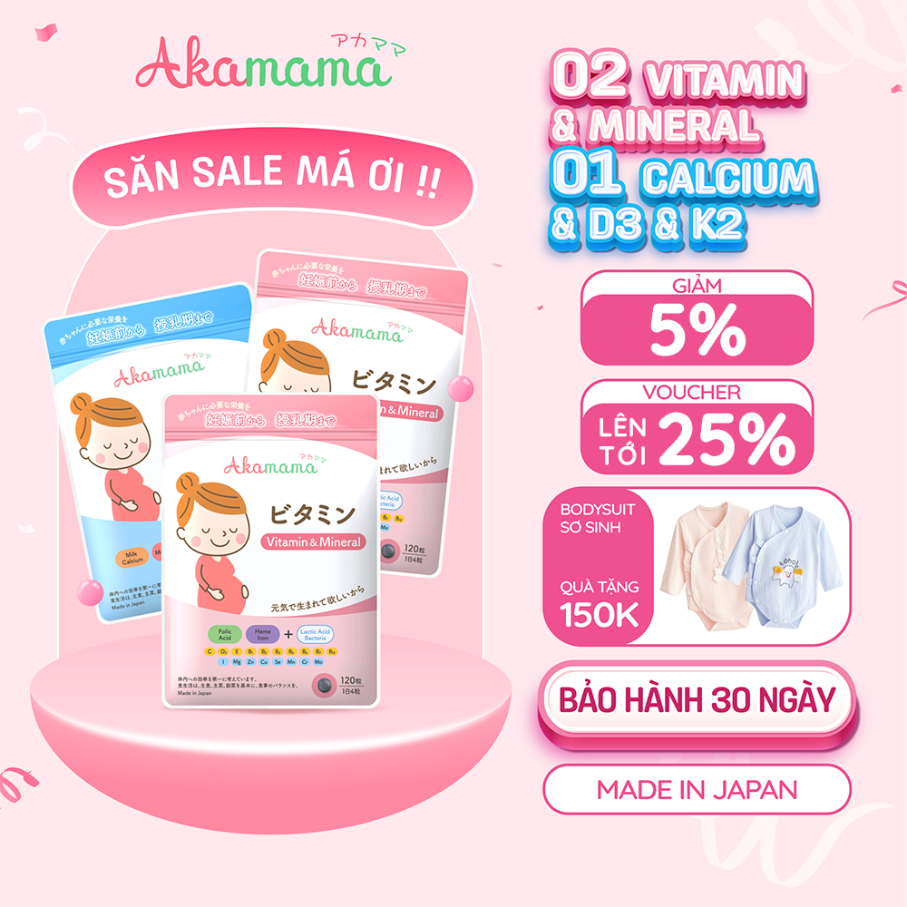 [QUÀ 150K] COMBO 2 SẮT & VITAMIN + 1 CANXI cho bà bầu Akamama, Nhật Bản