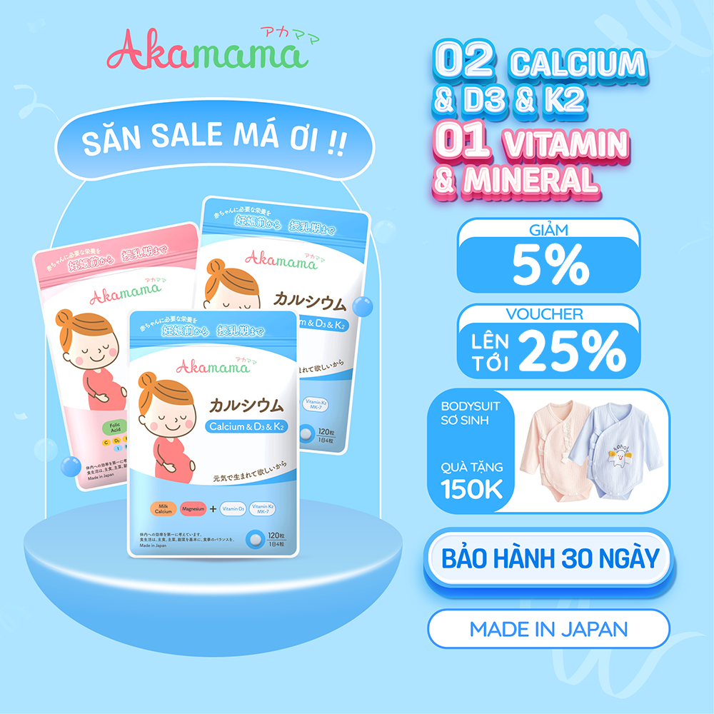 [QUÀ 150K] COMBO 2 CANXI + 1 SẮT & VITAMIN cho bà bầu Akamama, Nhật Bản