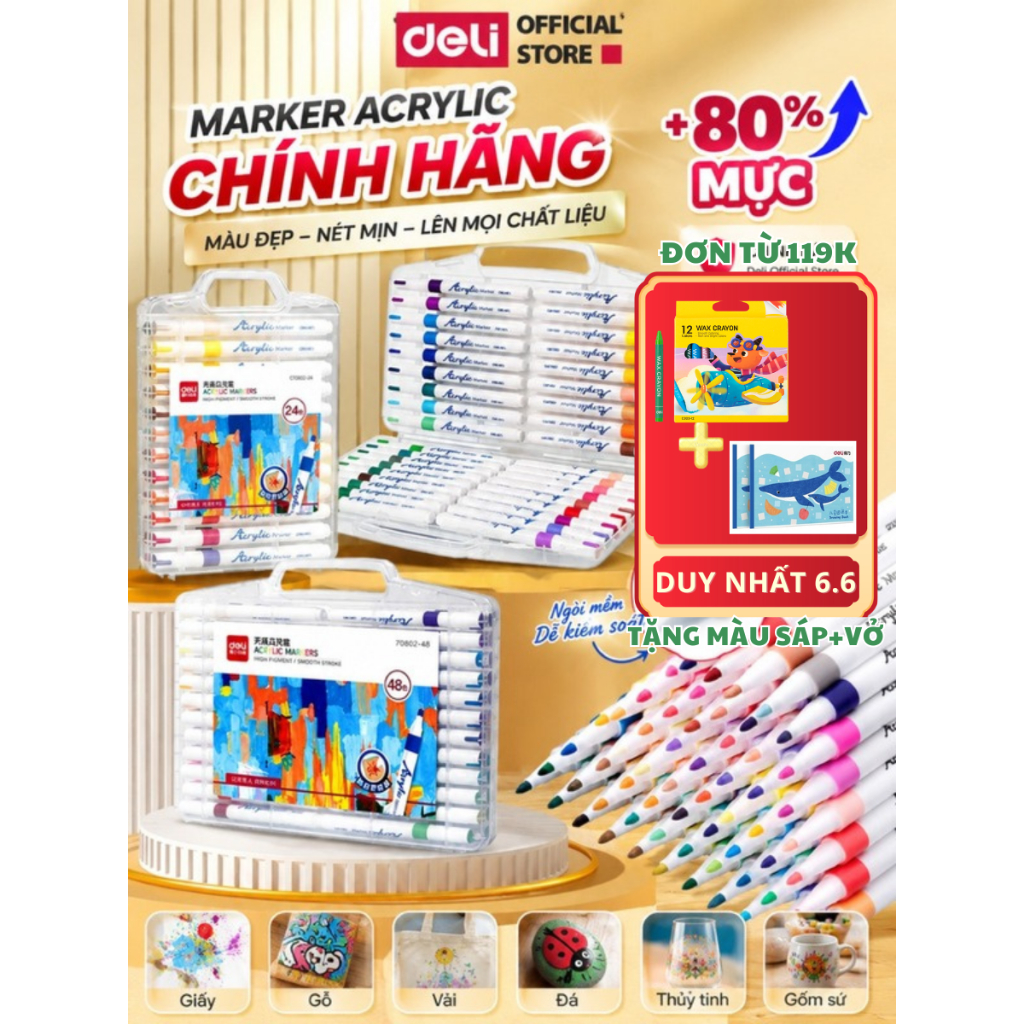 [TẶNG 12M SÁP + VỞ VẼ] Bút Sơn Acrylic Marker Deli TĂNG 80% MỰC Tiết Kiệm 12/24/36/48/64/80 Màu Vẽ M