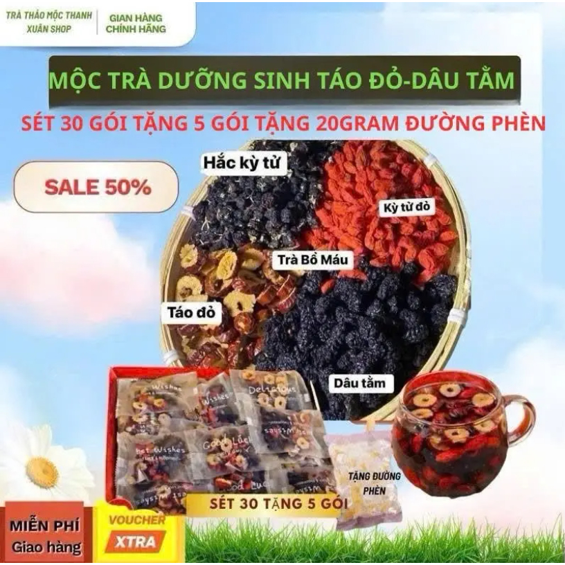Trà Bổ Máu Dưỡng Huyết sét 30 gói tặng 5 gói Mộc trà dưỡng sinh táo đỏ dâu tằm…