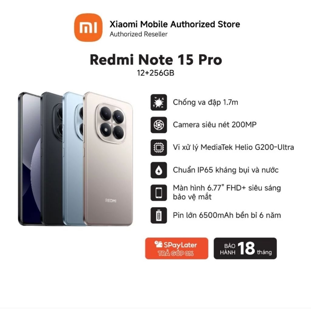 Điện thoại Redmi Note 15 Pro 5G (12+256GB) | Màn 6.83" 1.5K | MTD 7400-Ultra | Camera 200MP | Chống 