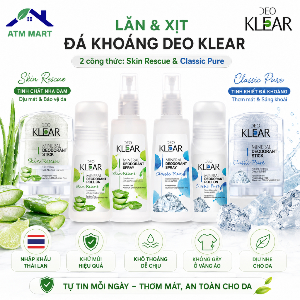 Lăn khử mùi, Xịt khử mùi đá khoáng DEO KLEAR Thái Lan