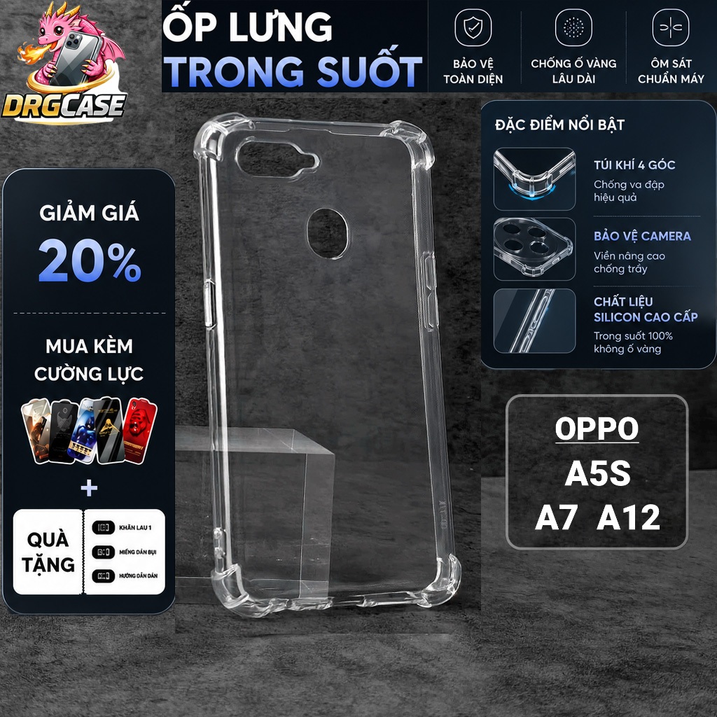 Ốp lưng Oppo A5S,A12,A7 Dragoncase trơn trong suốt|Ốp điện thoại Oppo dẻo bảo vệ camera đt toàn diện
