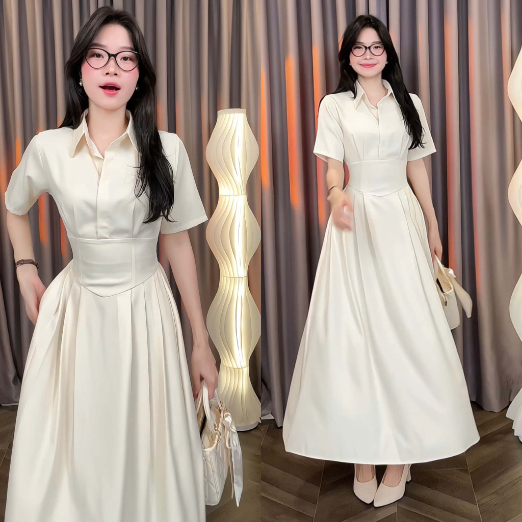 [Đ.23-D] Đầm Sơmi Cổ V Tay Ngắn Chéo Hàn Dáng Dài Women Top Dress (Bo Chun Lưng - Có Túi) | Tũm Clot