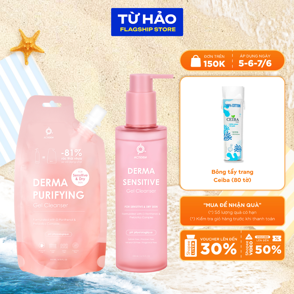 Gel rửa mặt cho da khô, hỗn hợp Actidem Derma Sensitive Gel Cleanser 200ml - Từ Hảo