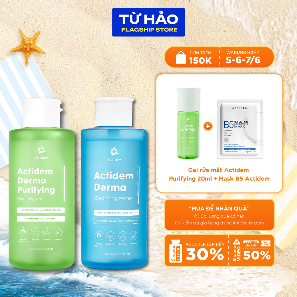 Nước Tẩy Trang Actidem Derma Cleansing Water/ Purifying Cleansing Water cho da dầu mụn 500ml - Từ Hả