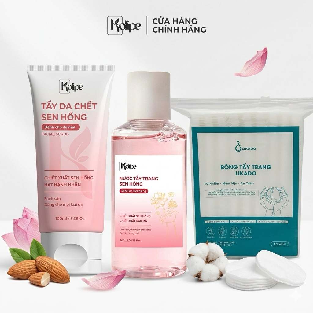 Bộ 3 sản phẩm Tẩy Da Chết + Nước Tẩy Trang Kolipe + Bông Tẩy Trang Likado 222 Miếng
