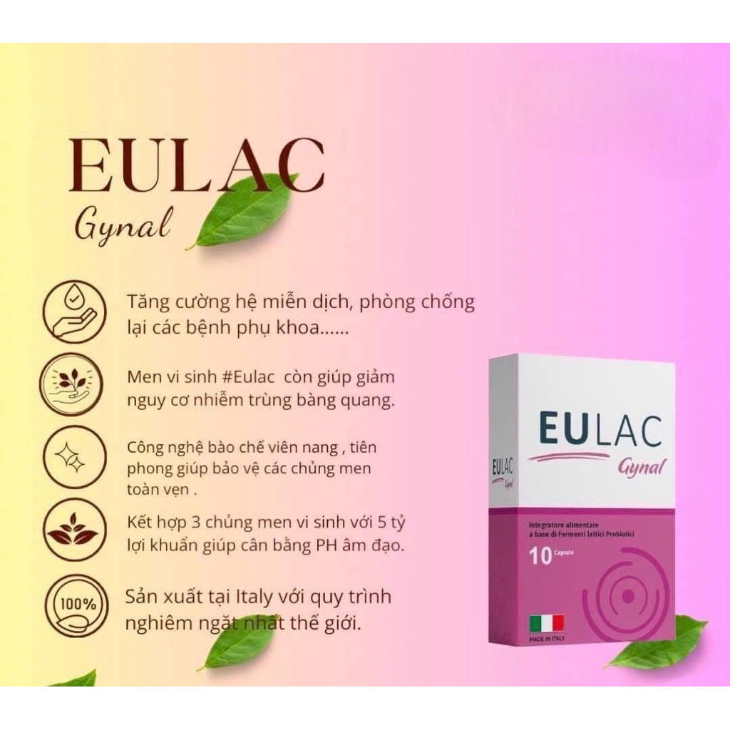Men bổ sung lợi khuẩn EULAC GYNAL hộp 10 viên giúp cân bằng hệ vi sinh phụ nữ