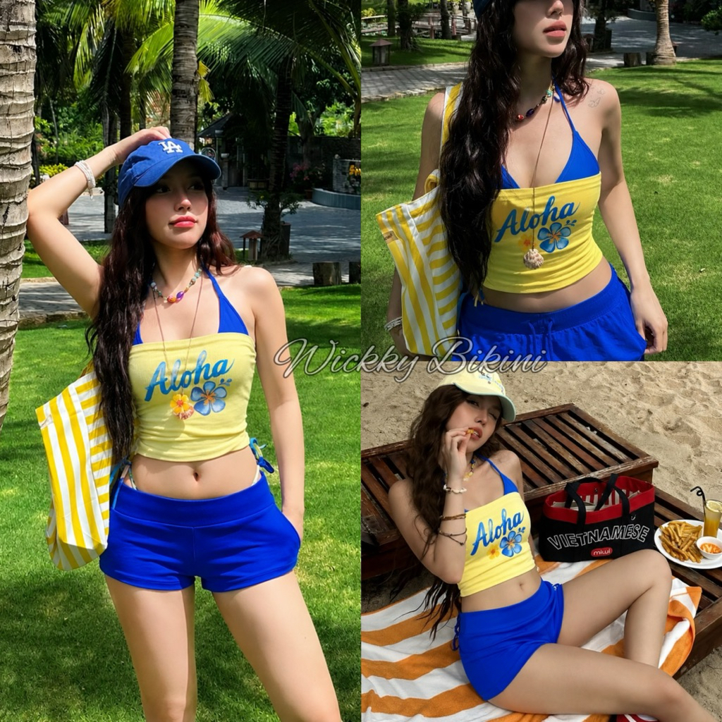 Set xanh vàng Aloha phong cách năng động đi biển