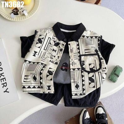 Set Áo Thun Tay Ngắn Khoác Gilê Họa Tiết Quần Đùi Cho Bé Trai 1-5 Tuổi MINTSCLOSET Quảng Châu TN3682